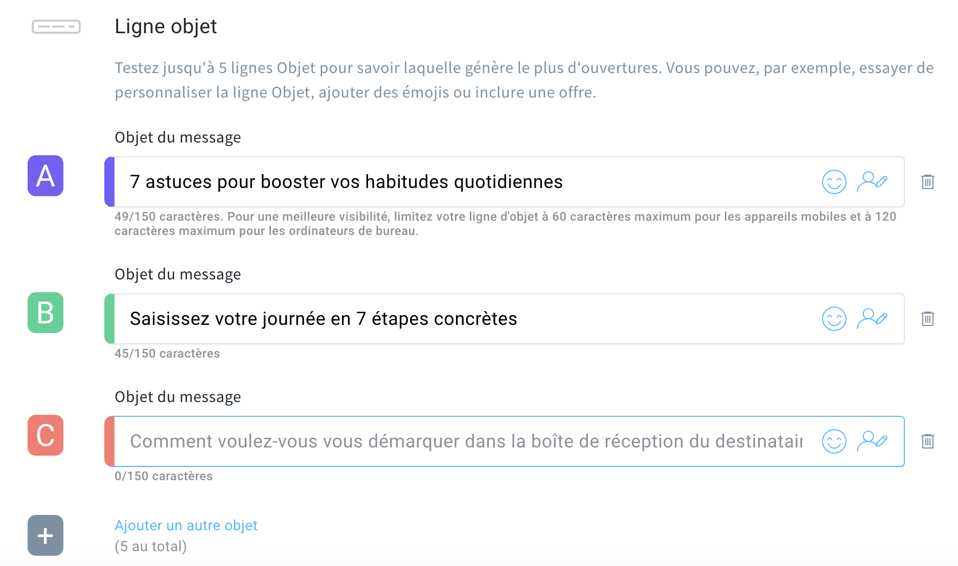 Configuration d’un test A/B pour l’objet d’un e-mail