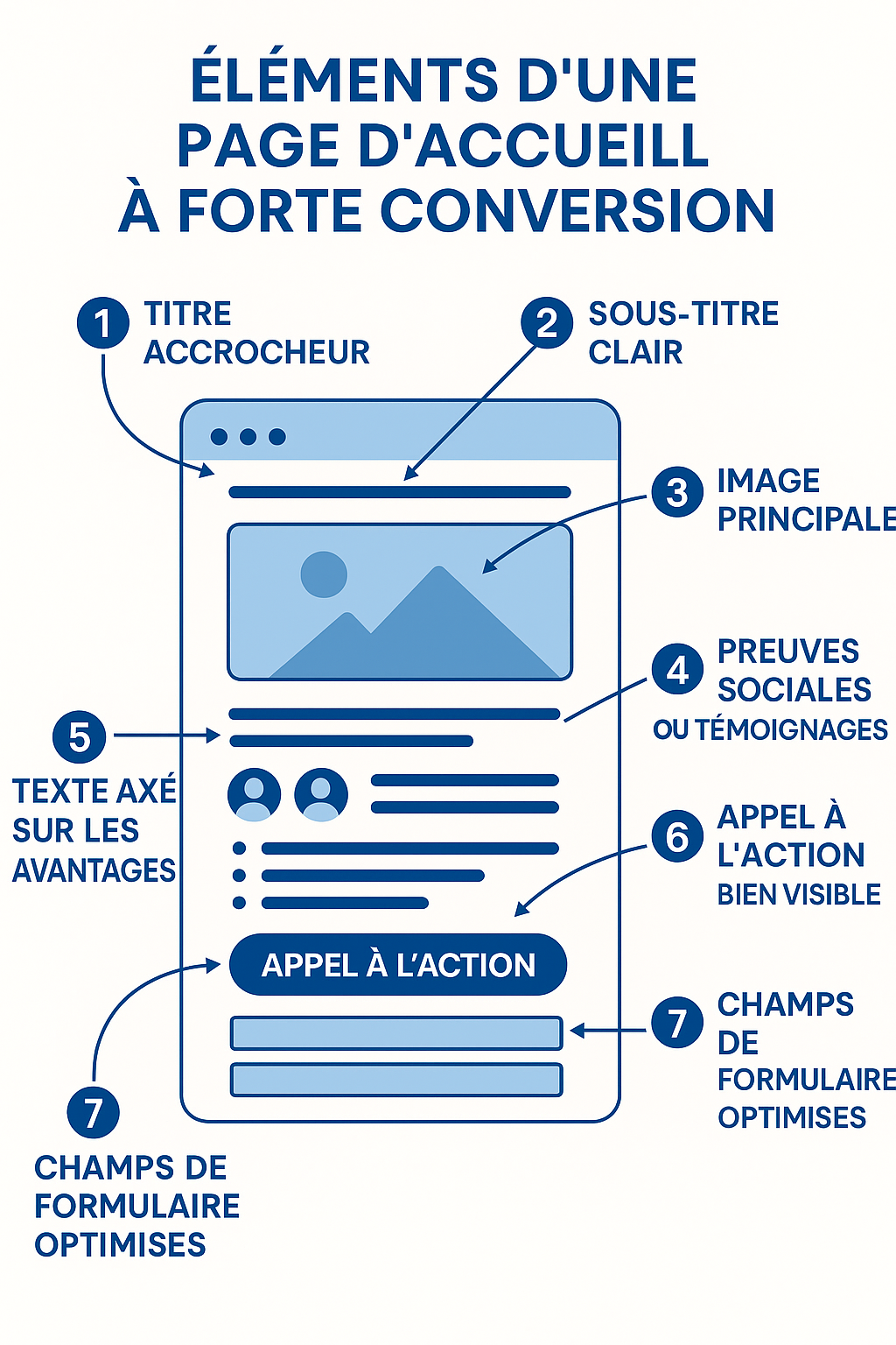 Infographie présentant les éléments clés d’une landing page à fort taux de conversion, notamment le titre, les visuels et l’appel à l’action