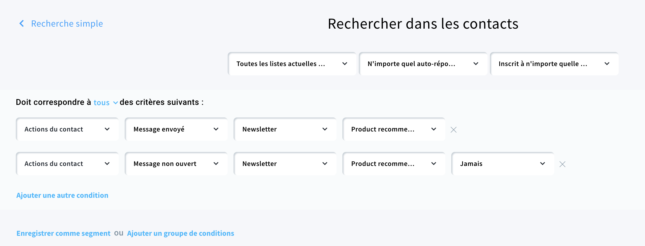 Identifier les abonnés n’ayant pas ouvert vos e-mails dans la fonction « Rechercher dans les contacts » de GetResponse.