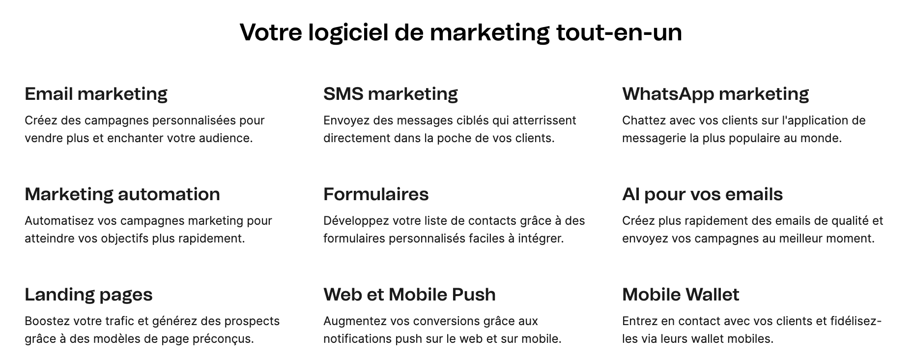 Plateforme marketing Brevo : e-mail marketing, SMS, WhatsApp, automatisation, formulaires, IA, landing pages, notifications push et portefeuille mobile.