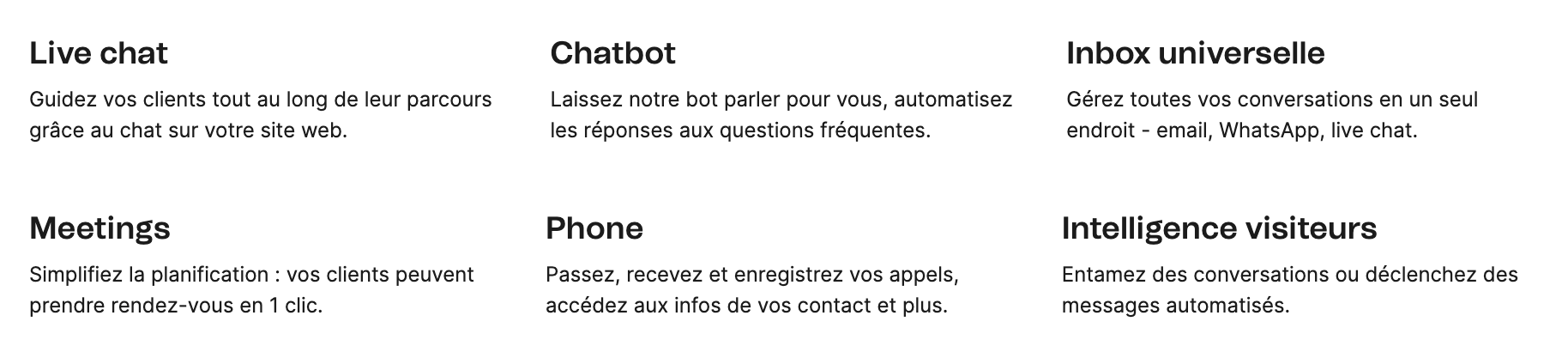 Plateforme de conversation Brevo : chat en direct, chatbot, boîte de réception universelle, réunions, téléphonie et intelligence des visiteurs.