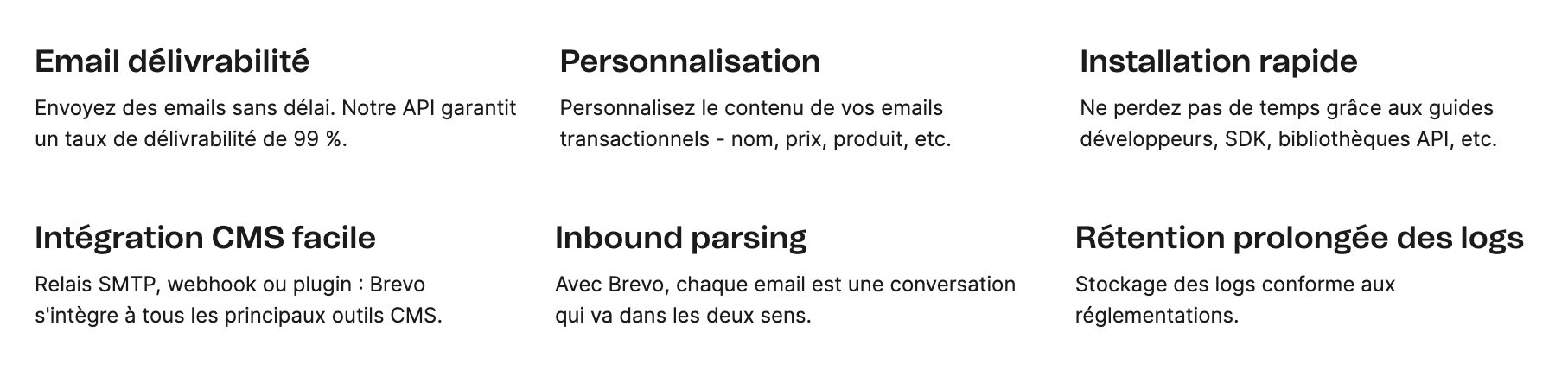 Fonctionnalités API de Brevo : délivrabilité des e-mails, personnalisation, configuration rapide, intégrations CMS, parsing inbound, rétention des logs.