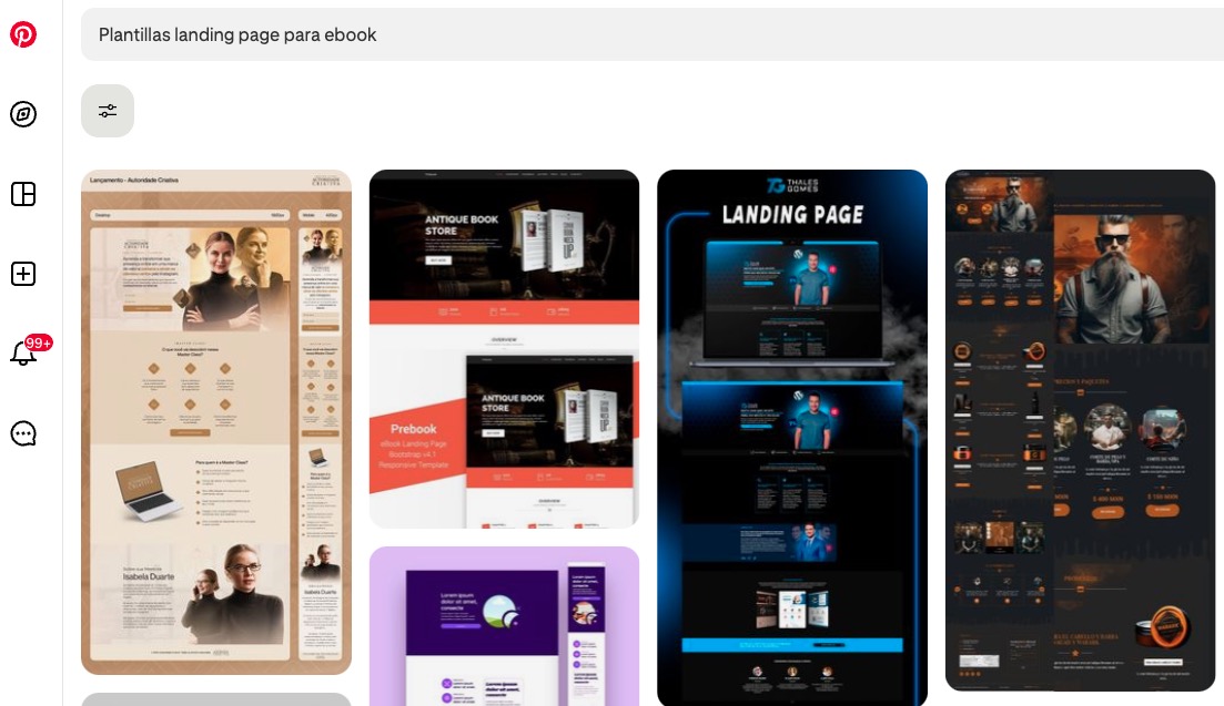 Resultados de búsqueda del término "plantillas de landing page para ebooks" en Pinterest