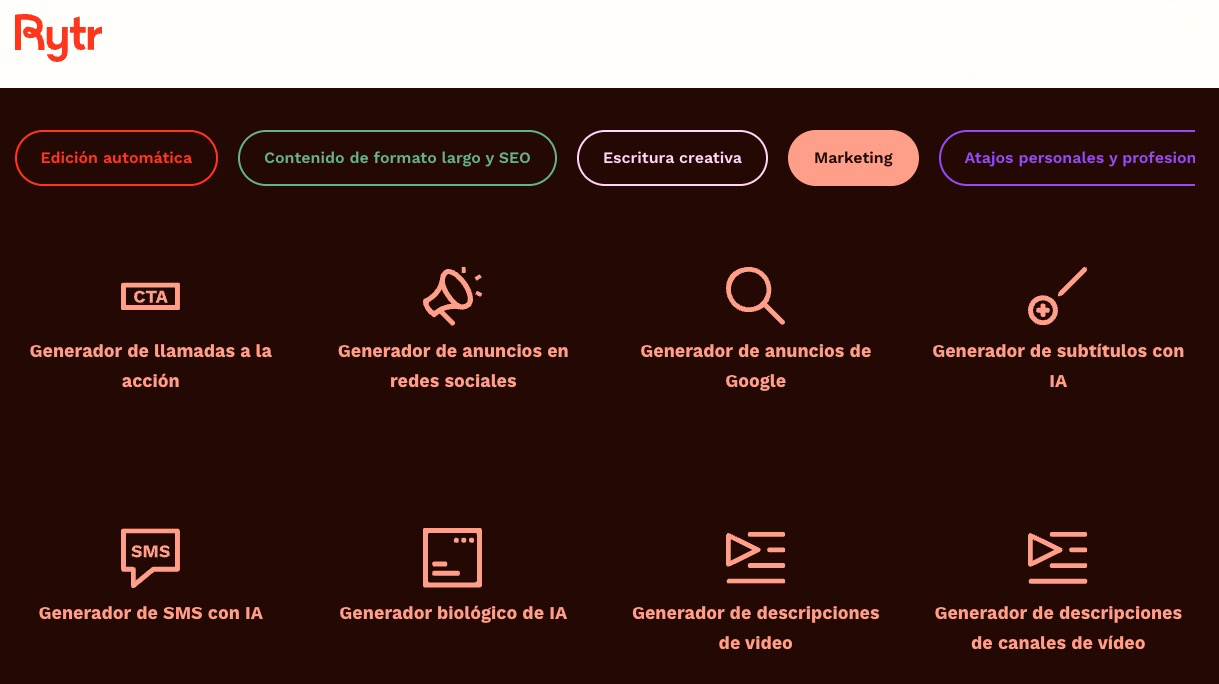 Opciones de creación de contenidos de Rytr.ai