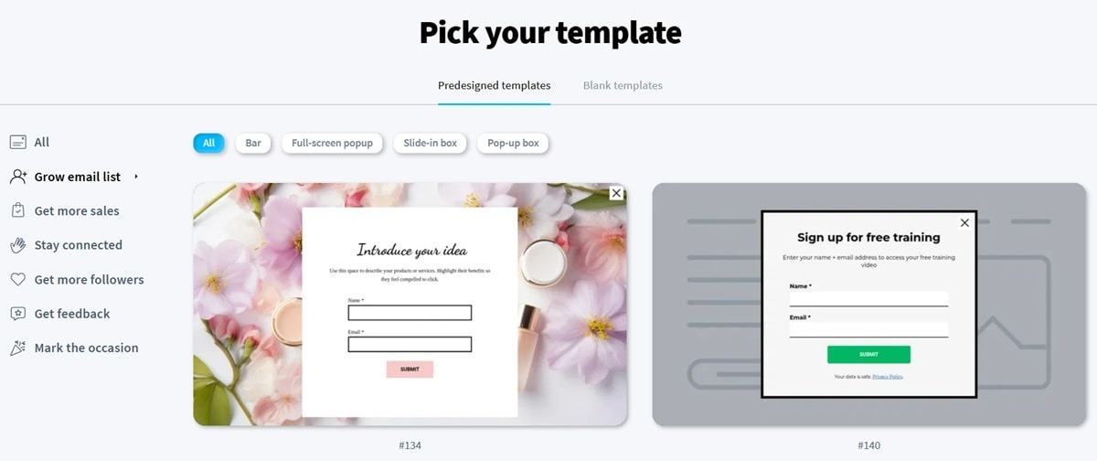 Exit-intent popup builder displaying customizable email capture form with timing triggers and conversion-focused design options