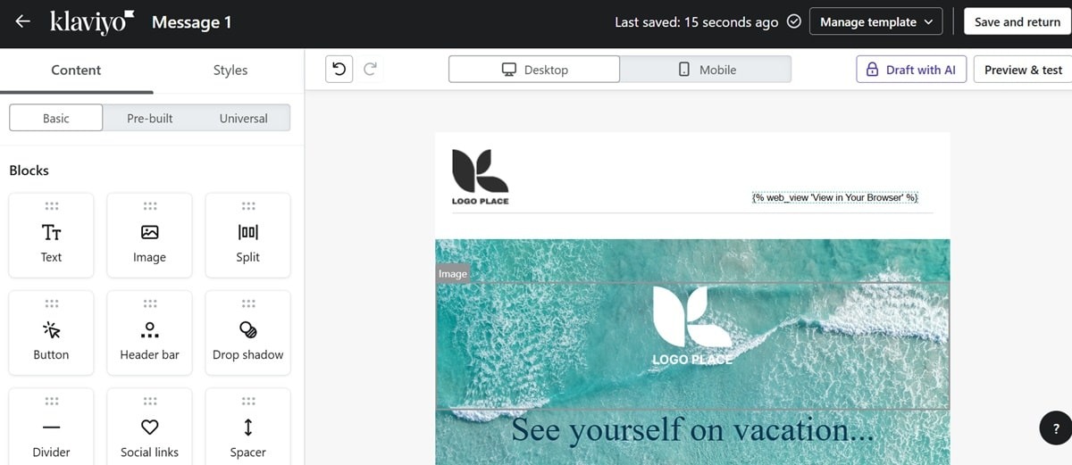 Klaviyo email template library and drag-and-drop editor interface with AI assistant for simplified omnichannel campaign design