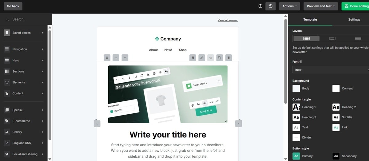 MailerLite drag-and-drop email editor interface featuring interactive content blocks including countdown timers, quizzes, and survey elements