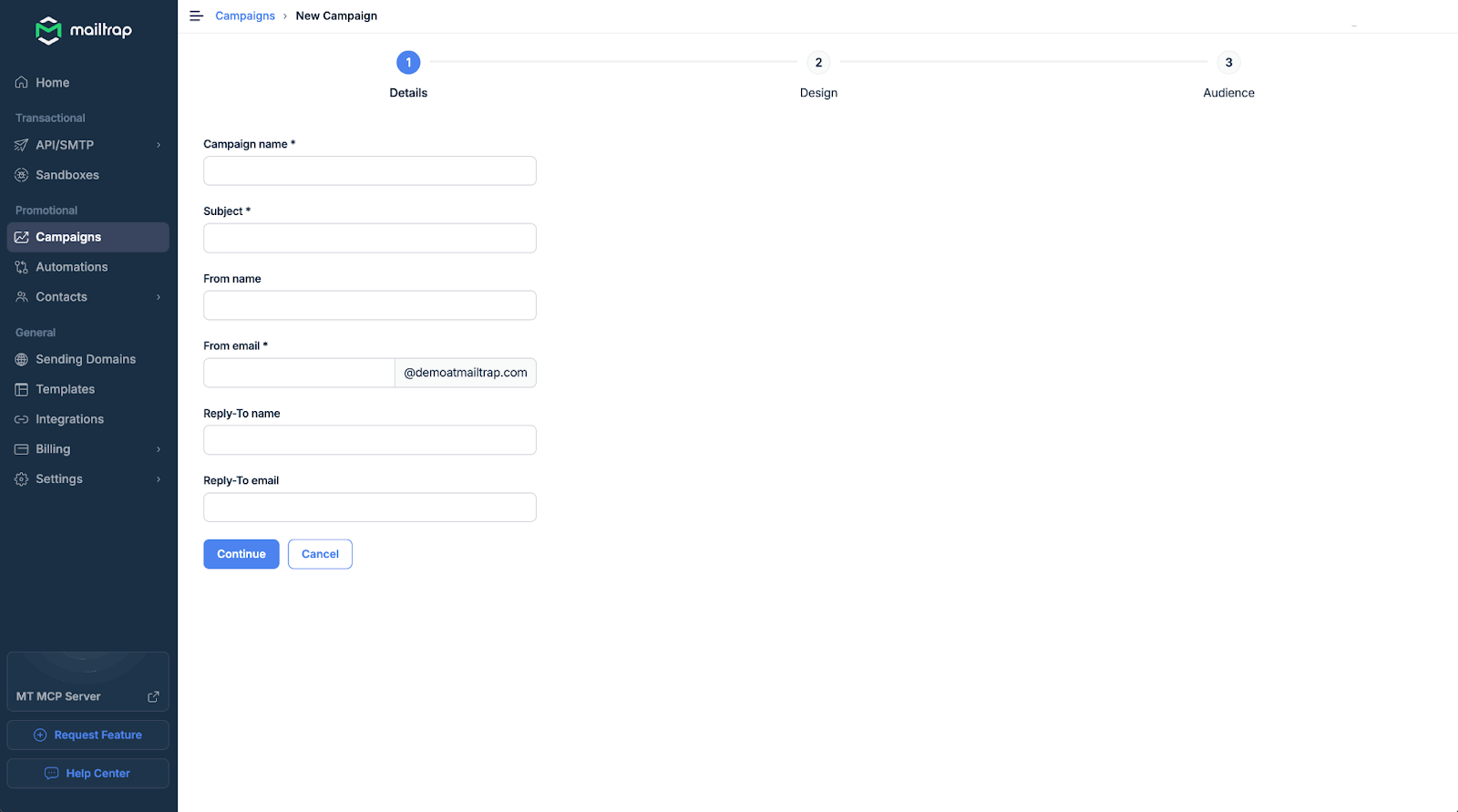 Mailtrap email campaign creation interface with input fields for campaign name, subject line, sender name, sender email address, reply-to address, and preview text for setting up bulk email marketing campaigns