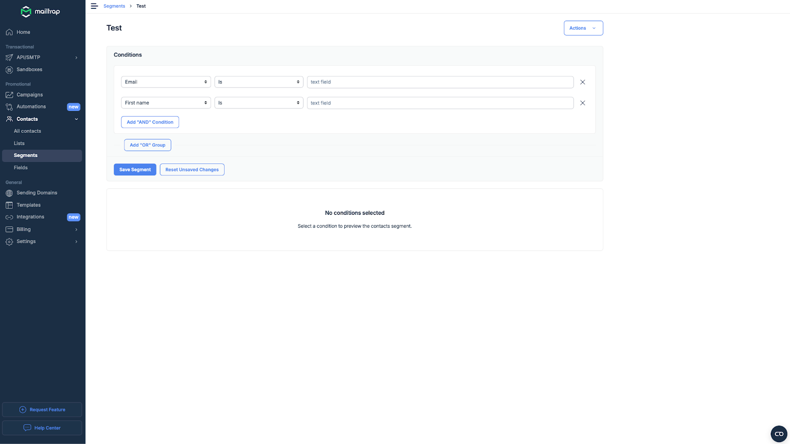 Mailtrap audience segmentation builder with conditional logic rules for creating targeted email segments based on custom fields, behavioral triggers like opens and clicks, subscription dates, and engagement patterns for personalized campaign targeting