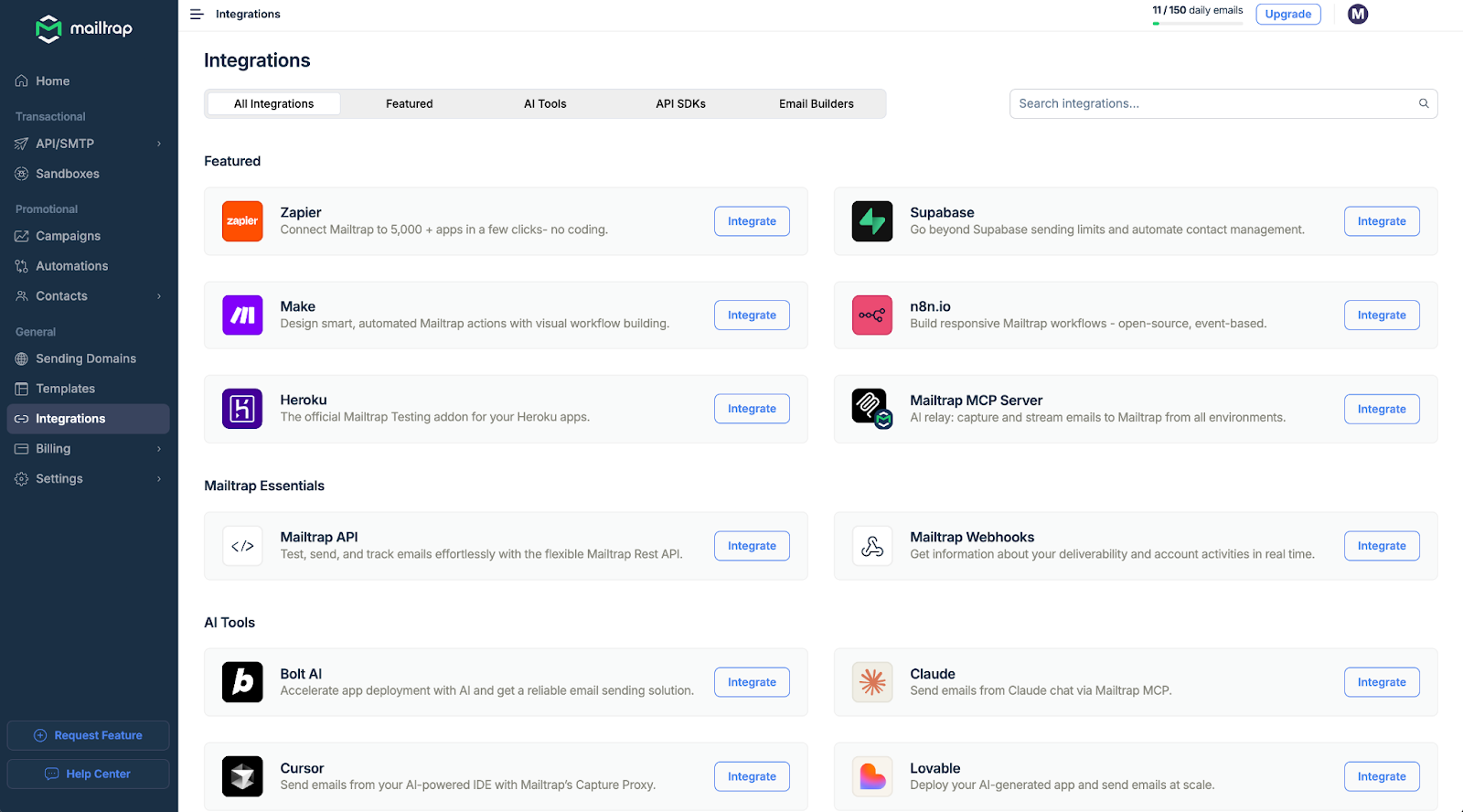 Mailtrap integrations marketplace showing available third-party connections including Zapier, Make automation, Retool, Lovable, and various programming language SDKs for extending email platform functionality and connecting with other business tools