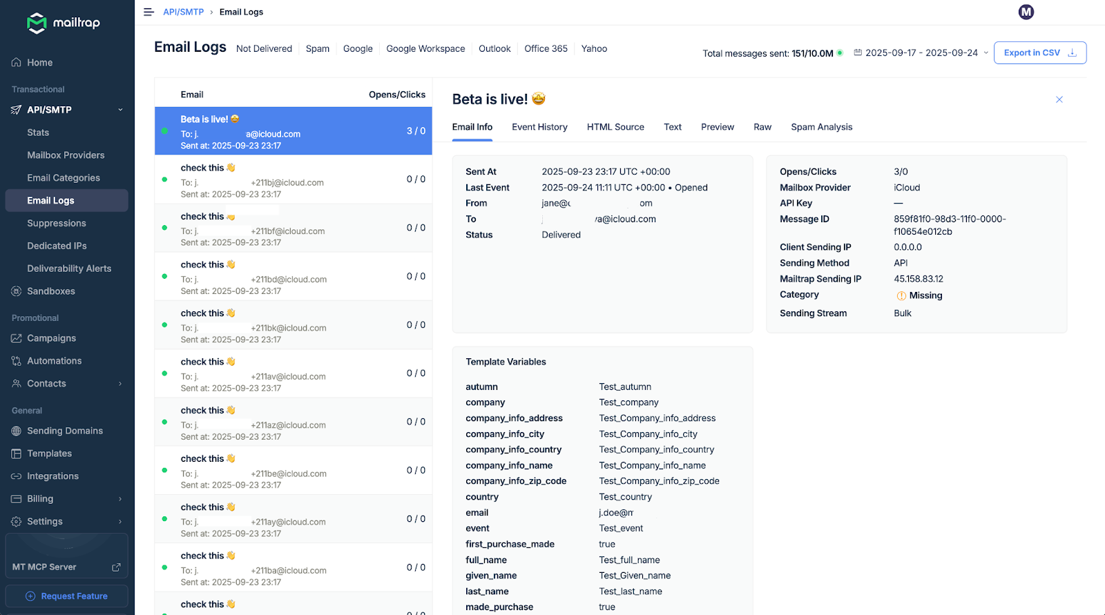 Detailed Mailtrap email logs interface showing individual email delivery records with timestamps, recipient addresses, delivery status, template variables, error messages, and technical headers for troubleshooting email sending issues