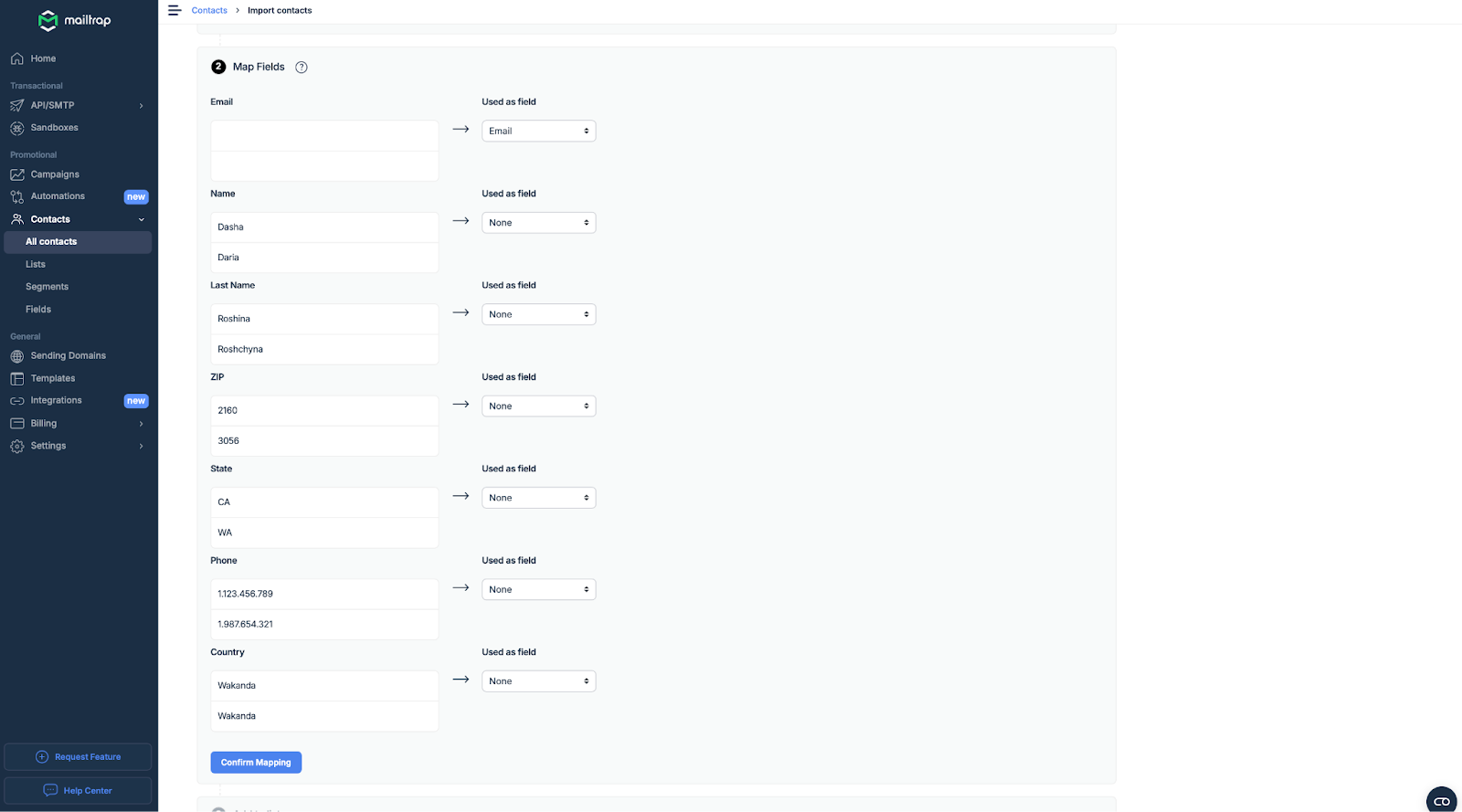 Mailtrap contact management screen showing CSV import functionality, custom field definitions for subscriber data including name, email, location, and custom attributes for email personalization and segmentation