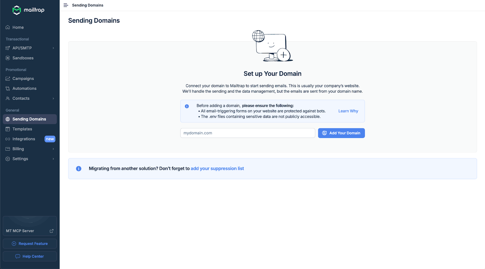 Mailtrap domain authentication setup screen showing DNS record configuration steps with fields for adding SPF, DKIM, and DMARC records to verify email sending domain ownership