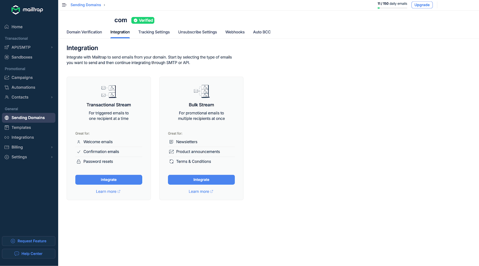 Mailtrap email sending streams interface displaying separate transactional and bulk email configurations with dedicated infrastructure settings, API credentials, and SMTP configuration options for maintaining sender reputation