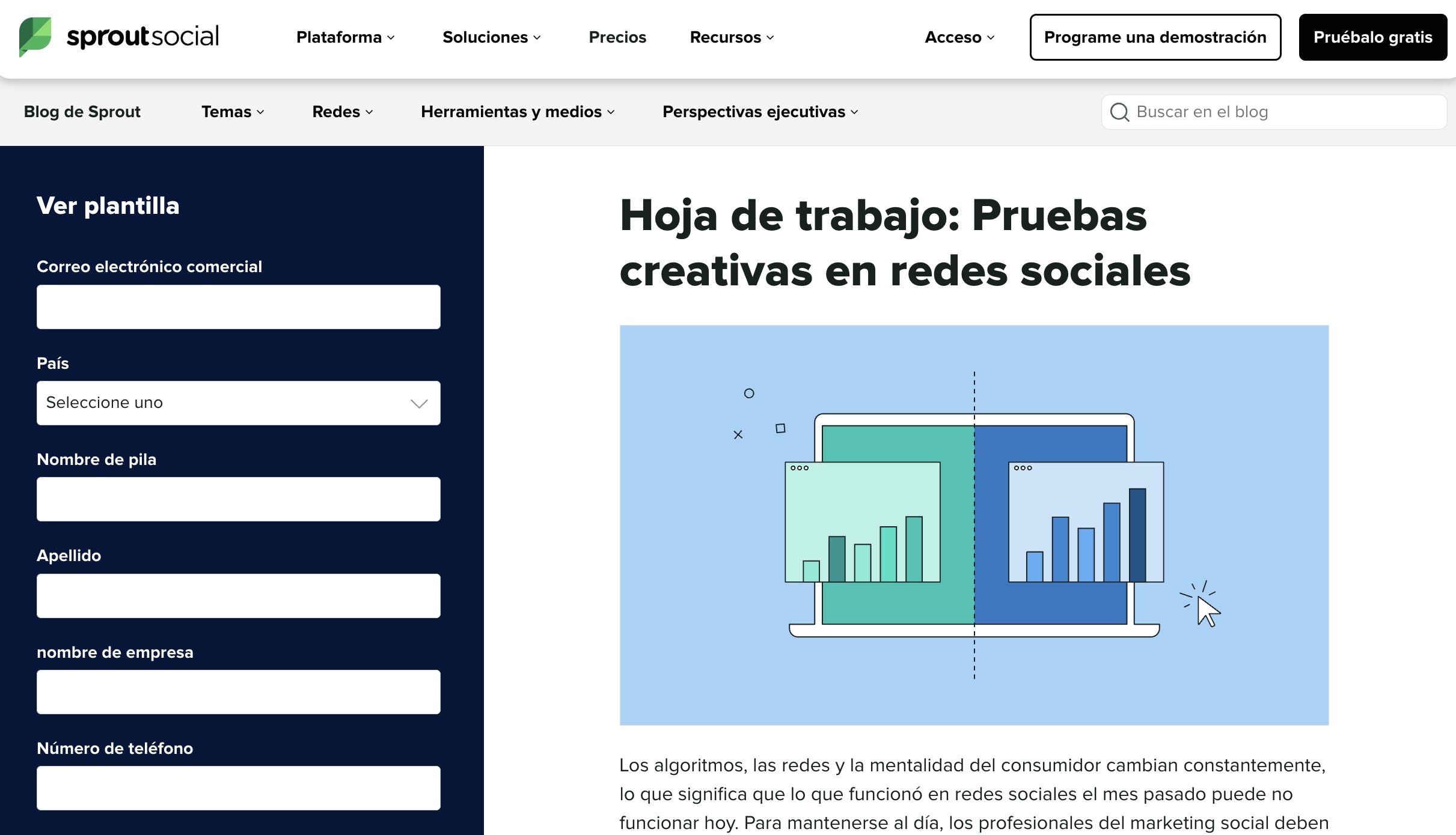 Landing page de Sprout Social para generación de leads con formulario para descargar plantillas de redes sociales.