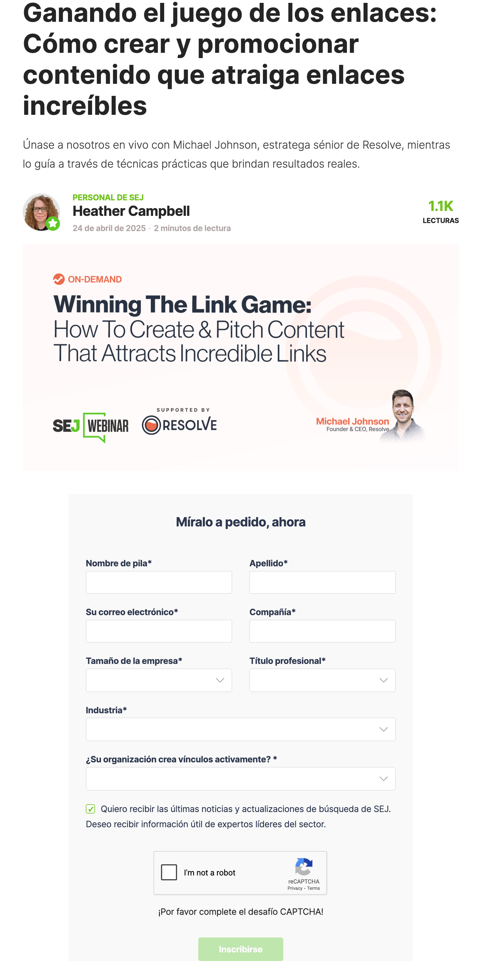 Página de registro para el webinar de Search Engine Journal con información del ponente y formulario de inscripción.