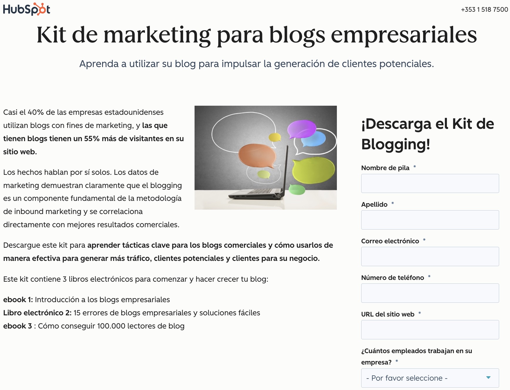 Landing page de HubSpot con lead magnet, ofreciendo un kit de blogging para negocios con un formulario sencillo.