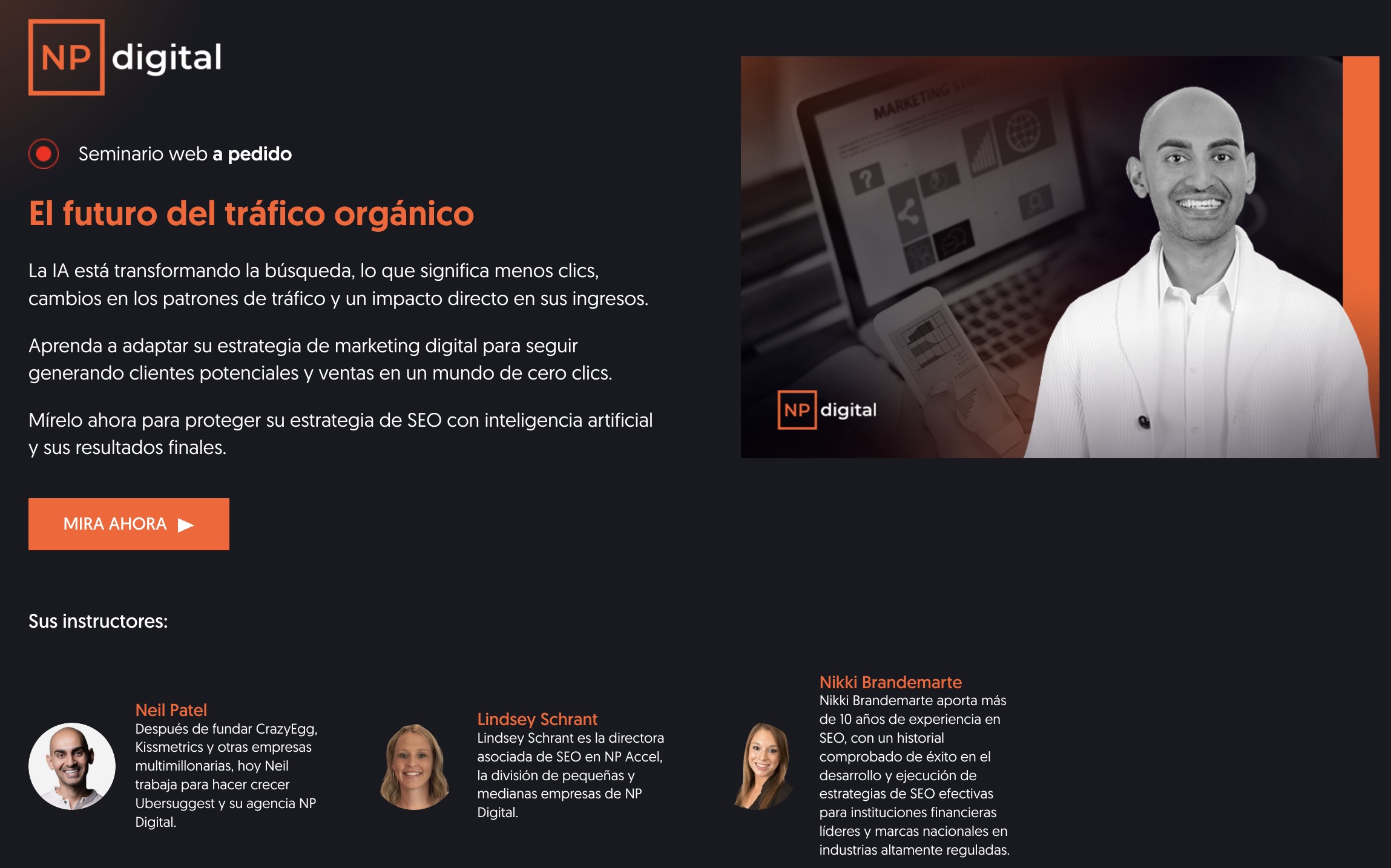 Página de registro para el webinar de Neil Patel con un titular atractivo sobre tráfico orgánico.