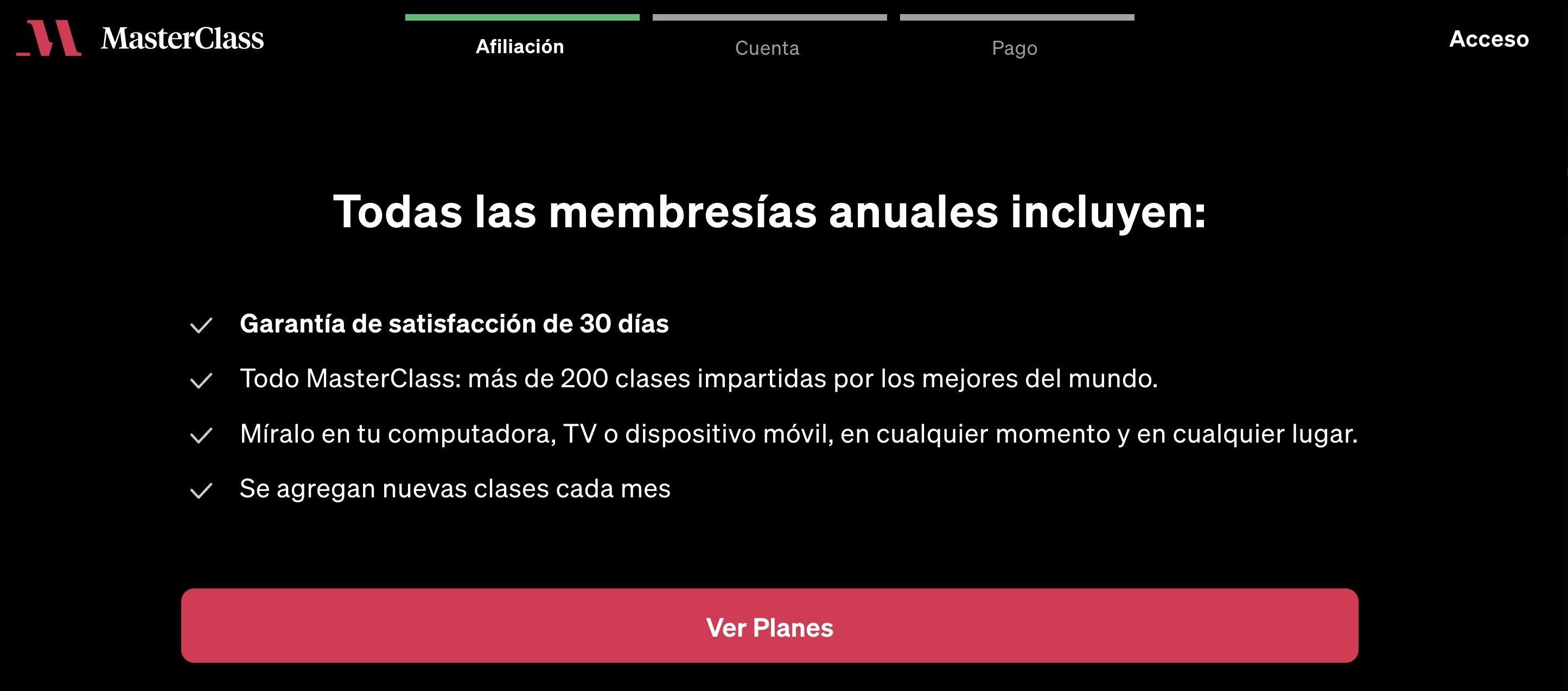 Página de ventas de membresía de MasterClass mostrando las distintas opciones de suscripción y precios.