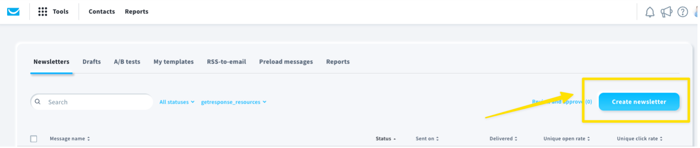 Creating a newsletter in the GetResponse dashboard.