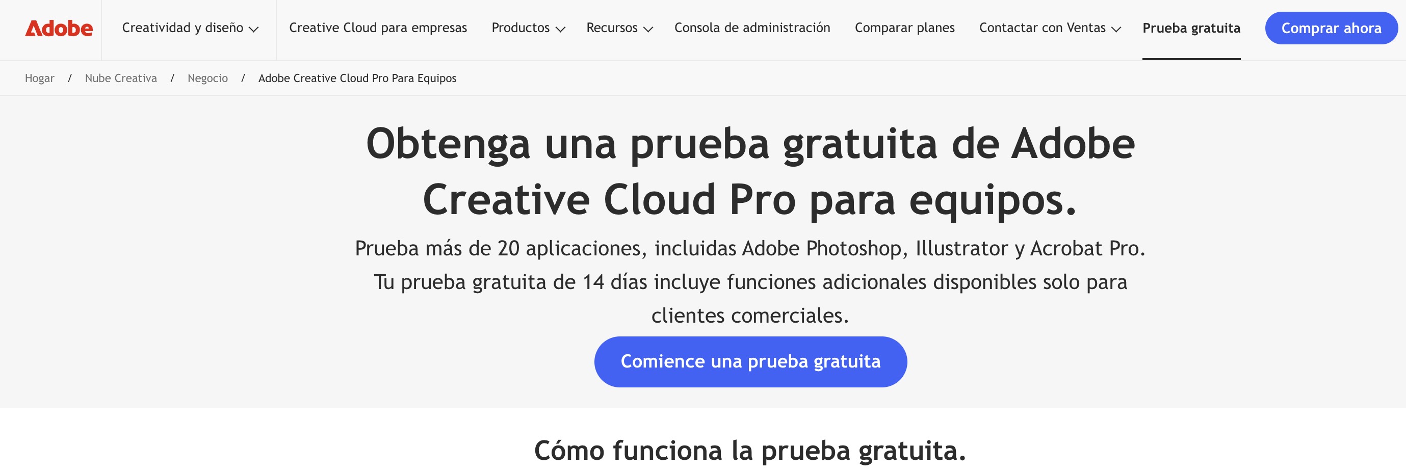 Landing page de prueba gratuita de Adobe Creative Cloud mostrando las aplicaciones incluidas y sus beneficios.