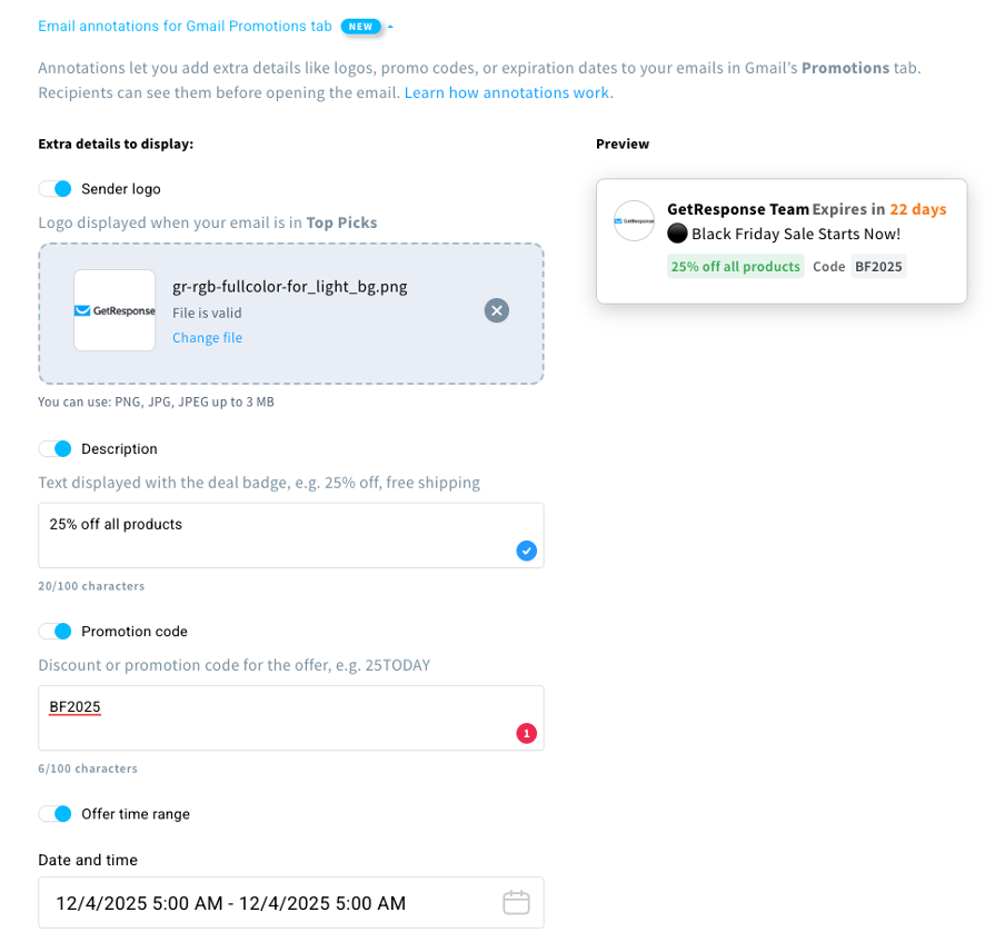 Previewing the email annotations in the GetResponse message settings