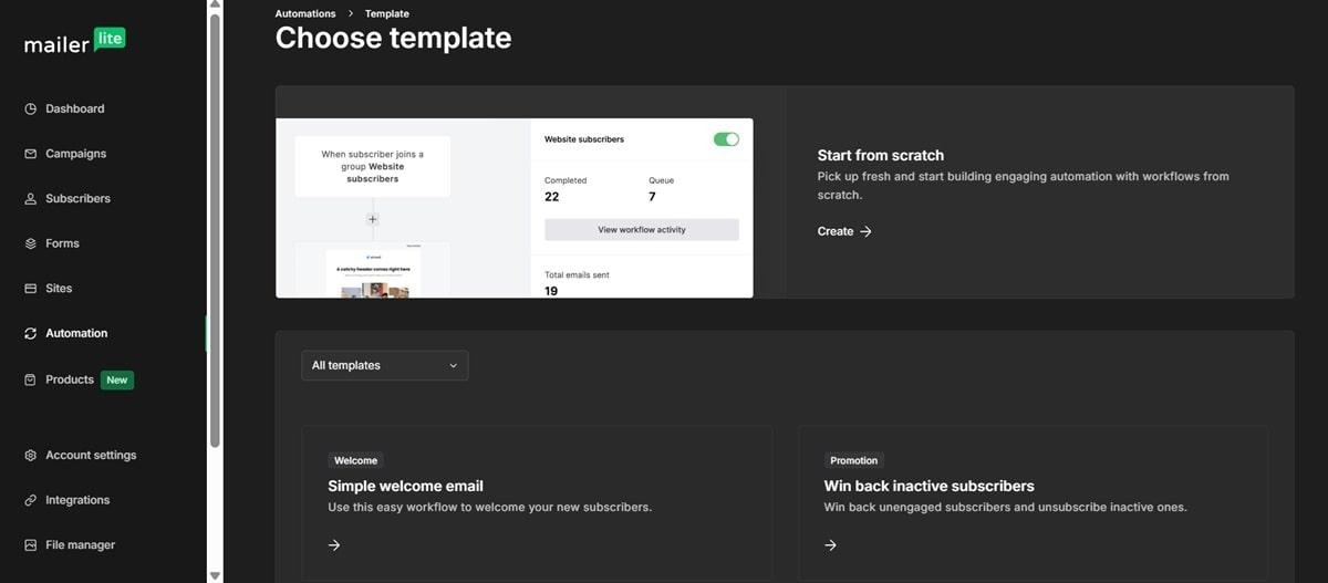 MailerLite drag-and-drop email editor interface showing customizable templates and automation workflow builder for email marketing campaigns