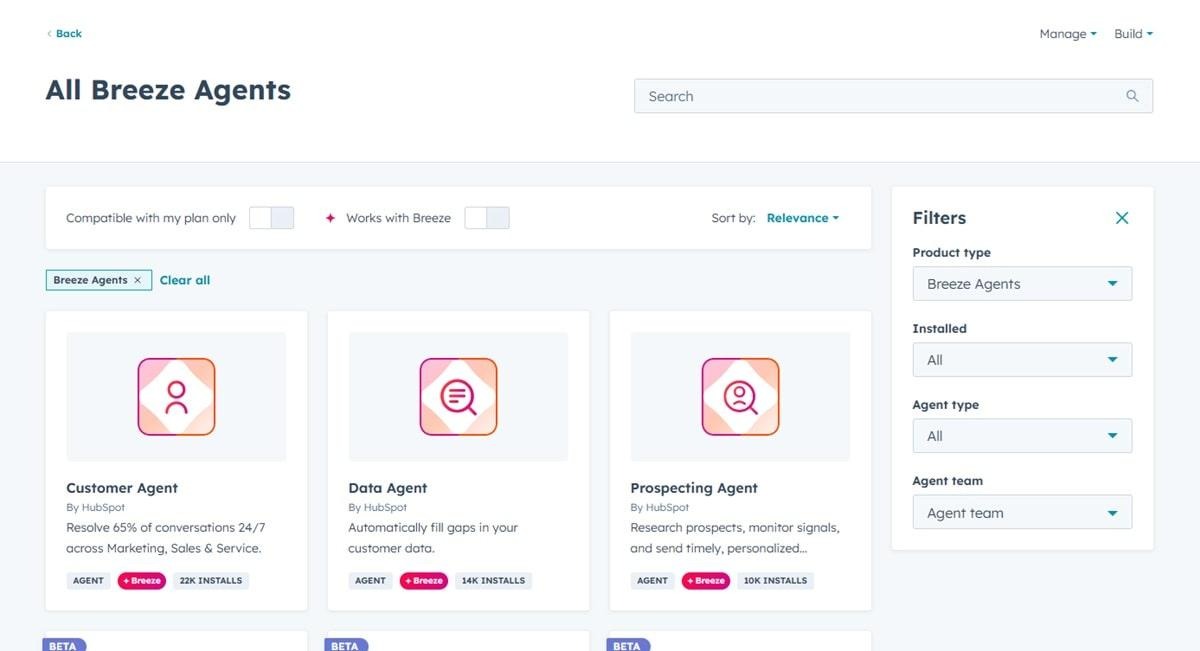 HubSpot Breeze Studio marketplace displaying customizable AI agents for marketing automation, sales, and customer service workflows