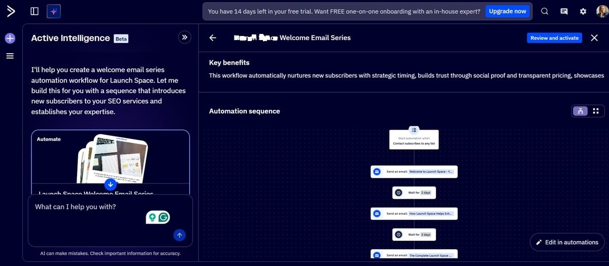 ActiveCampaign Active Intelligence automation builder with AI-generated workflow showing triggers, conditions, and email sequences