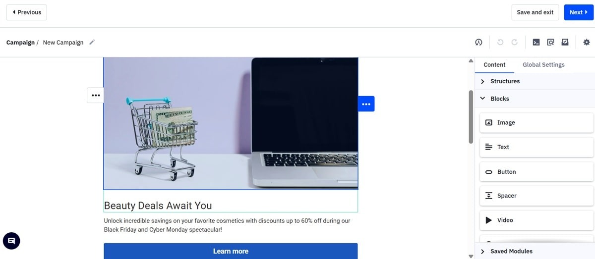ActiveCampaign drag-and-drop email designer showing AI-generated email campaign with branded templates and custom layouts