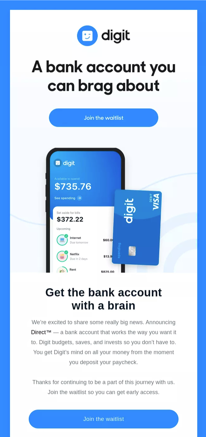 Un correo electrónico de lanzamiento de un nuevo producto de Digit