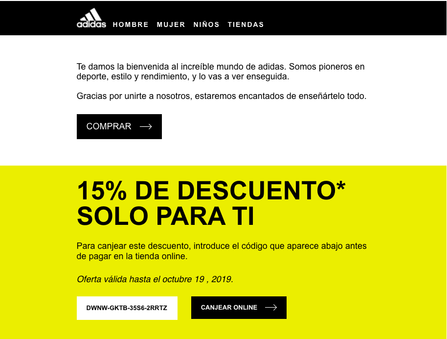 Email de confirmación de suscripción de Adidas
