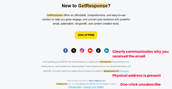 Email footer example displaying required physical address, clear unsubscribe link, and contact information for CAN-SPAM and GDPR compliance requirements