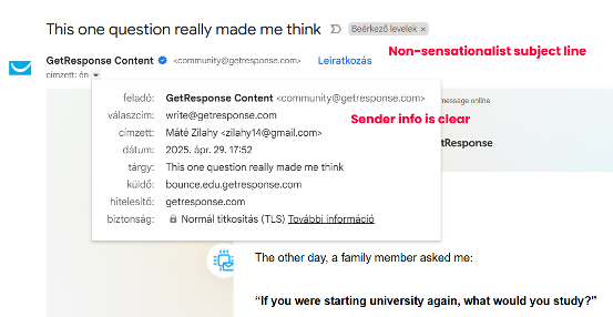 Email header example showing compliant sender information with honest company name, truthful subject line, and clear business identification for anti-spam compliance