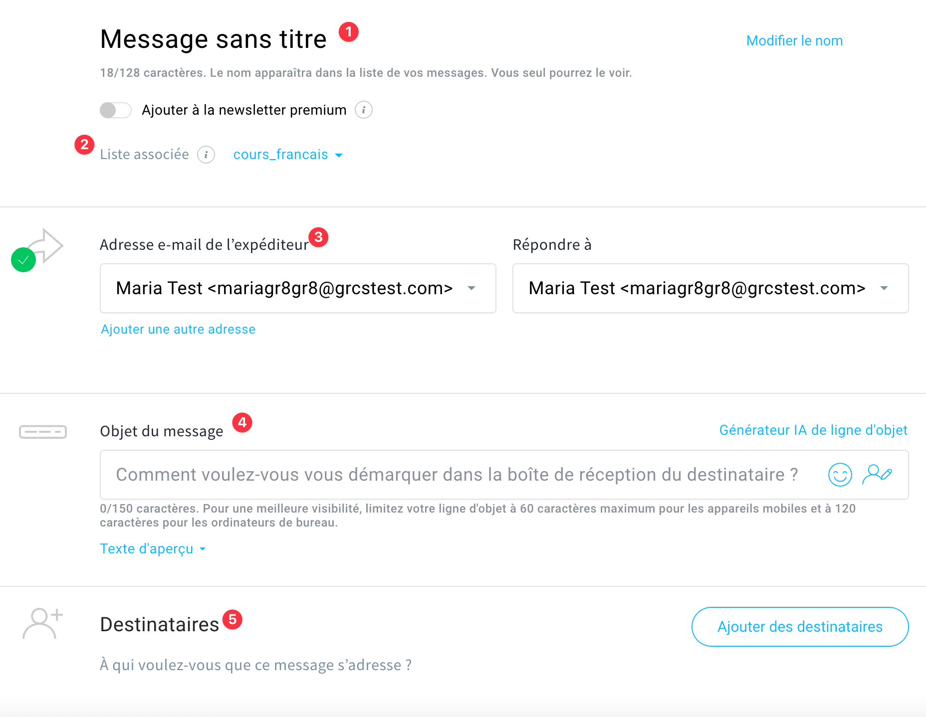 Paramètres pour la création d'une newsletter avec GetResponse