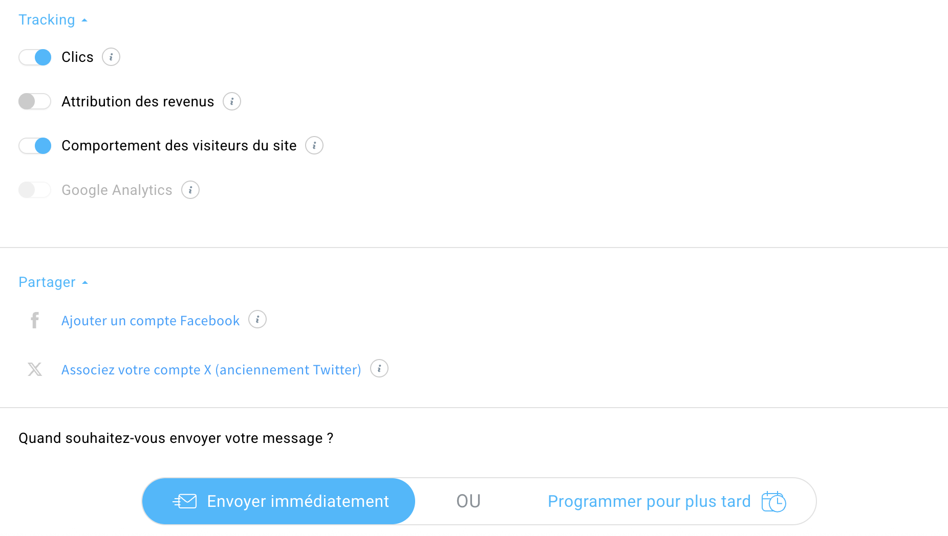 Paramètres de planification et de suivi de la newsletter GetResponse