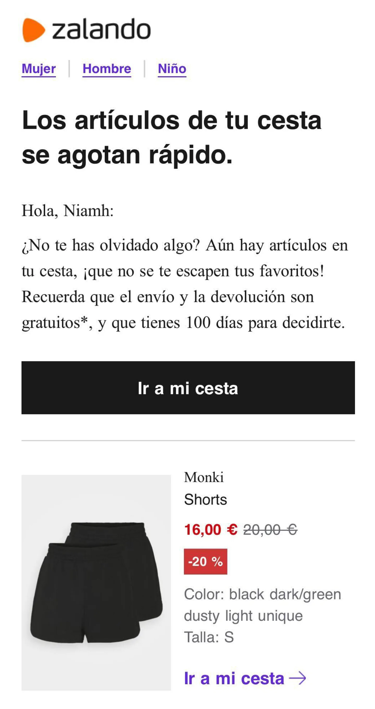 Ejemplo de email de carrito abandonado