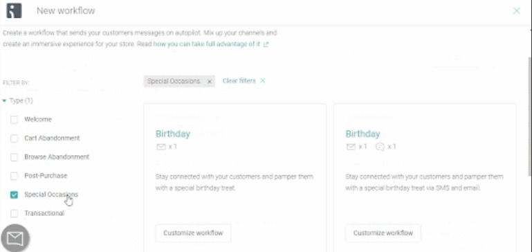 Klaviyo pre-built automation workflow templates library showing various email and SMS marketing campaign options