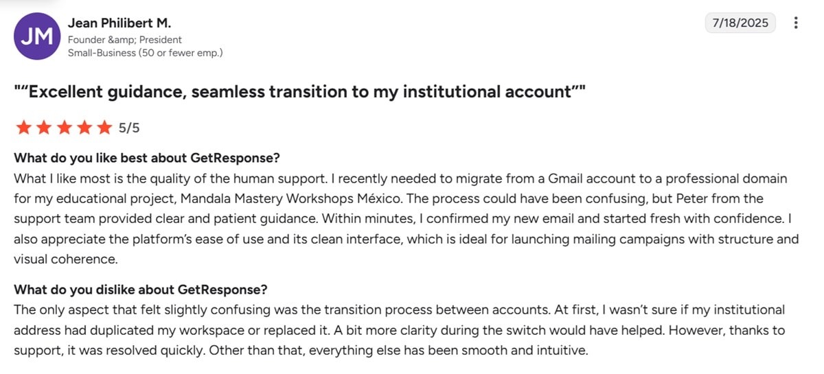 G2 customer review praising GetResponse for excellent customer support and helpful service team responses
