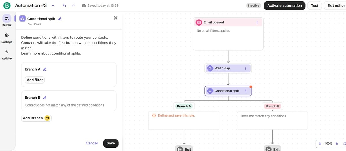 Brevo drag-and-drop workflow editor displaying split paths, time delays, and personalization options for automation campaigns