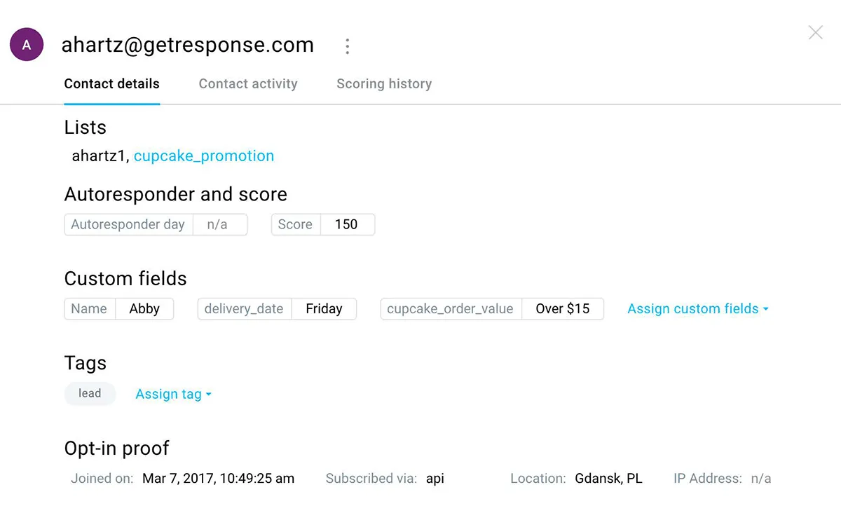 GetResponse lead scoring system showing point allocation based on customer activities, email engagement, and website behavior