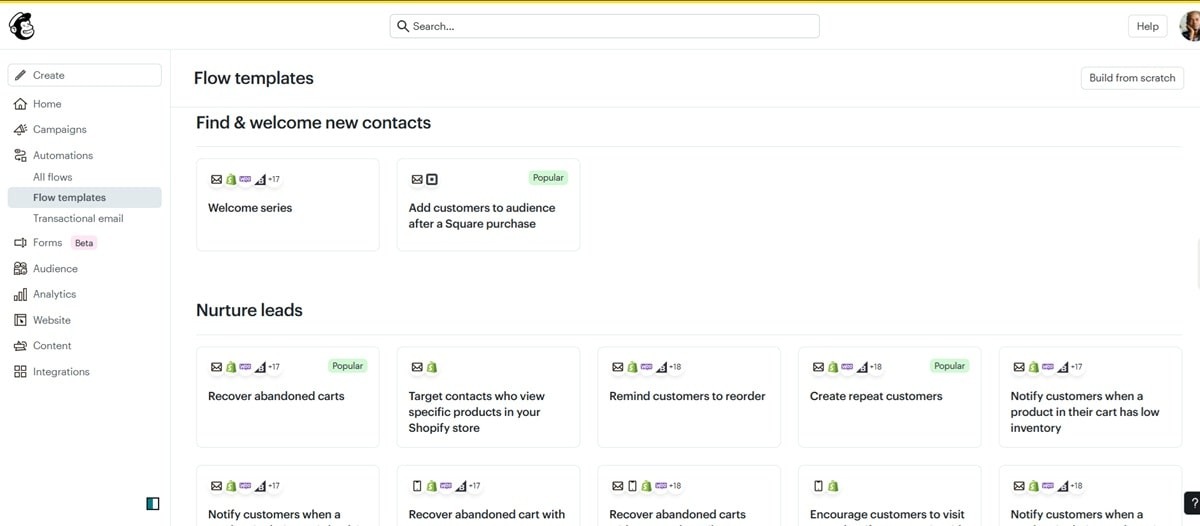 Mailchimp automation template library featuring hundreds of pre-built workflows for welcome series, lead nurturing, and sales recovery