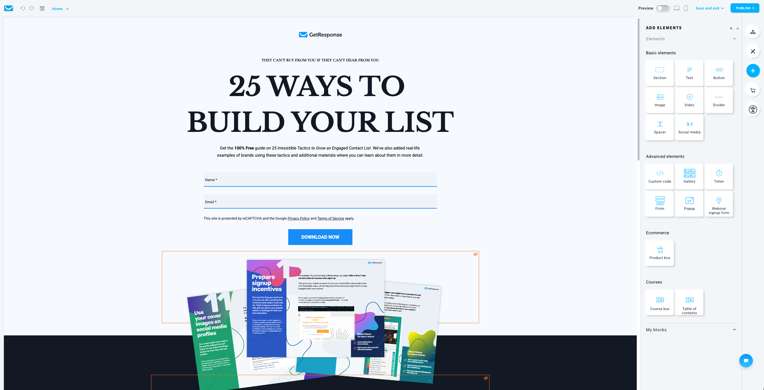 Drag-and-drop interface showing content blocks being arranged on a landing page
