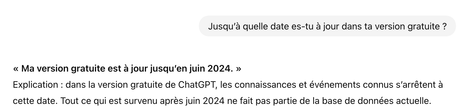 Extrait de conversation avec ChatGPT où il confirme être à jour jusqu’en juin 2024