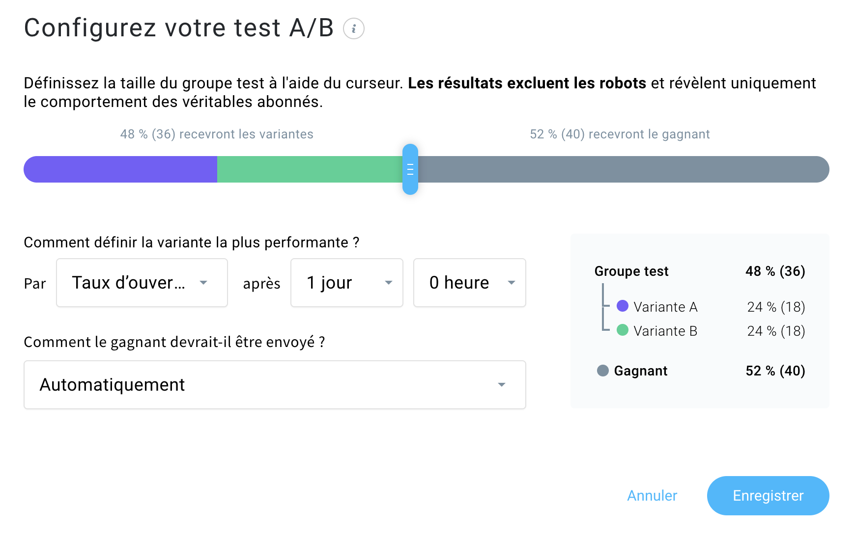 configuration du test a/b getresponse