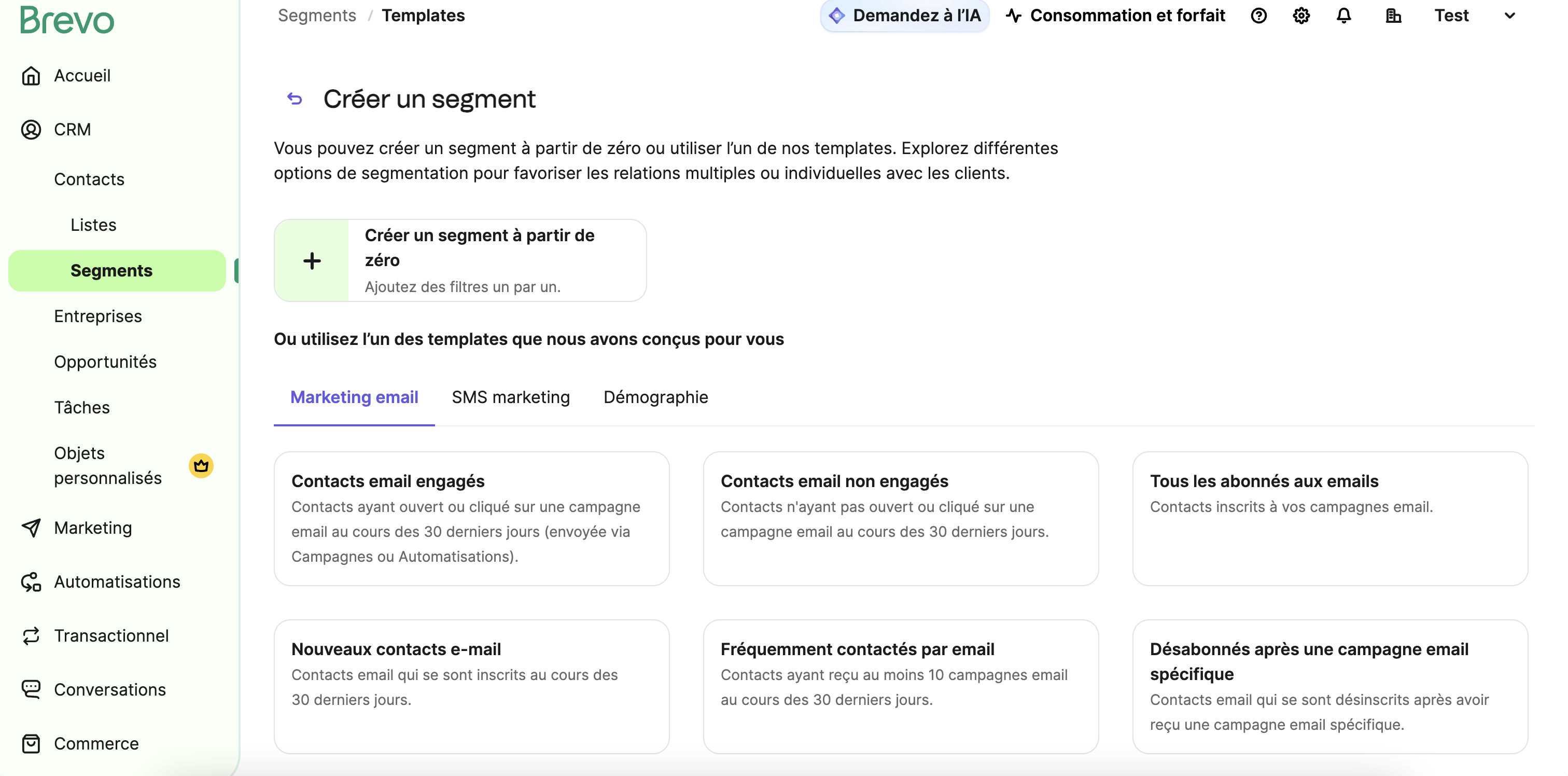 créer un segment chez brevo
