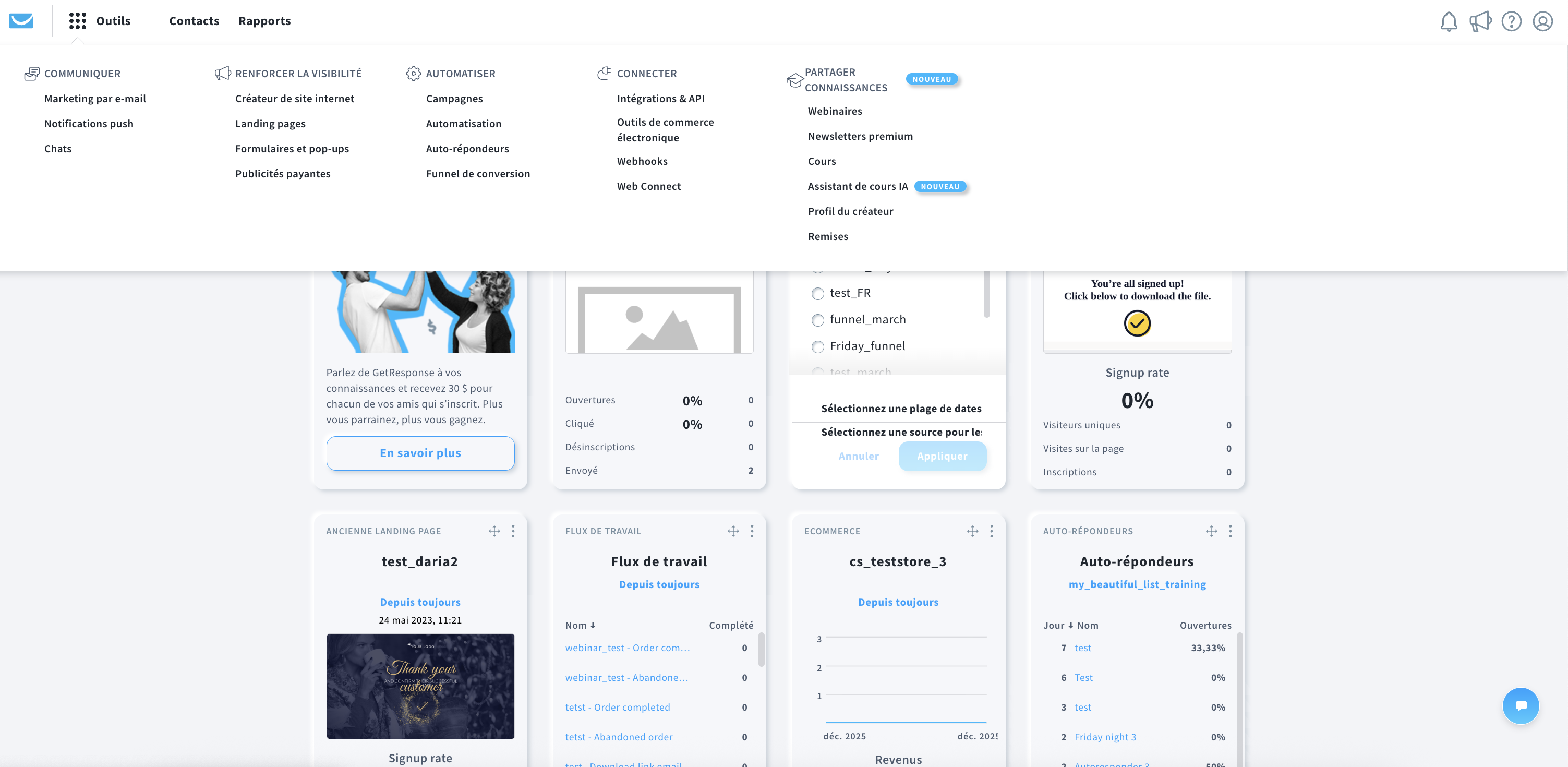 Accès rapide et aperçu des outils chez GetResponse