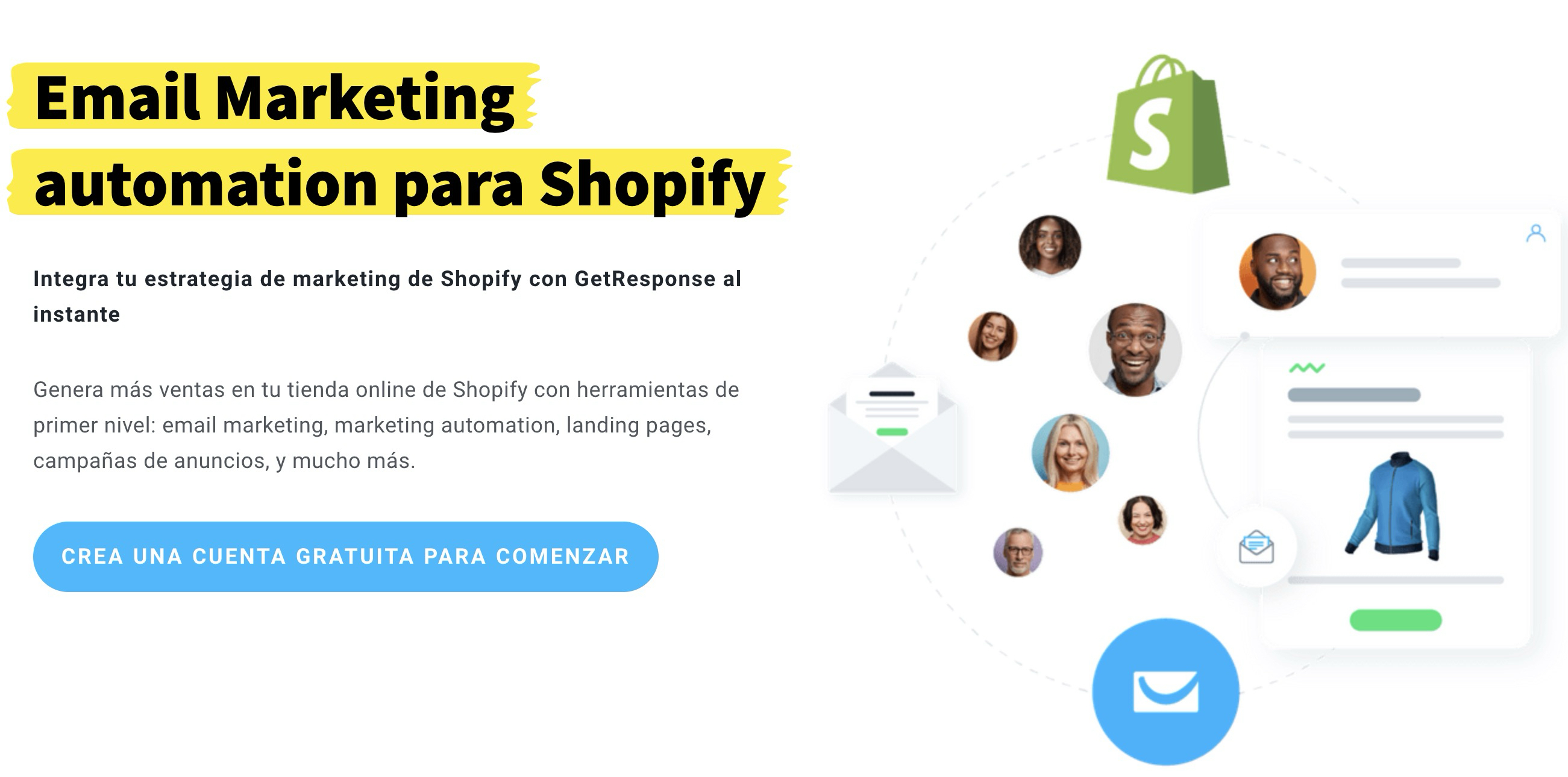 Panel de la plataforma de email marketing GetResponse que muestra funciones completas de ecommerce, incluyendo flujos de automatización, plantillas de email y capacidades de integración con Shopify.