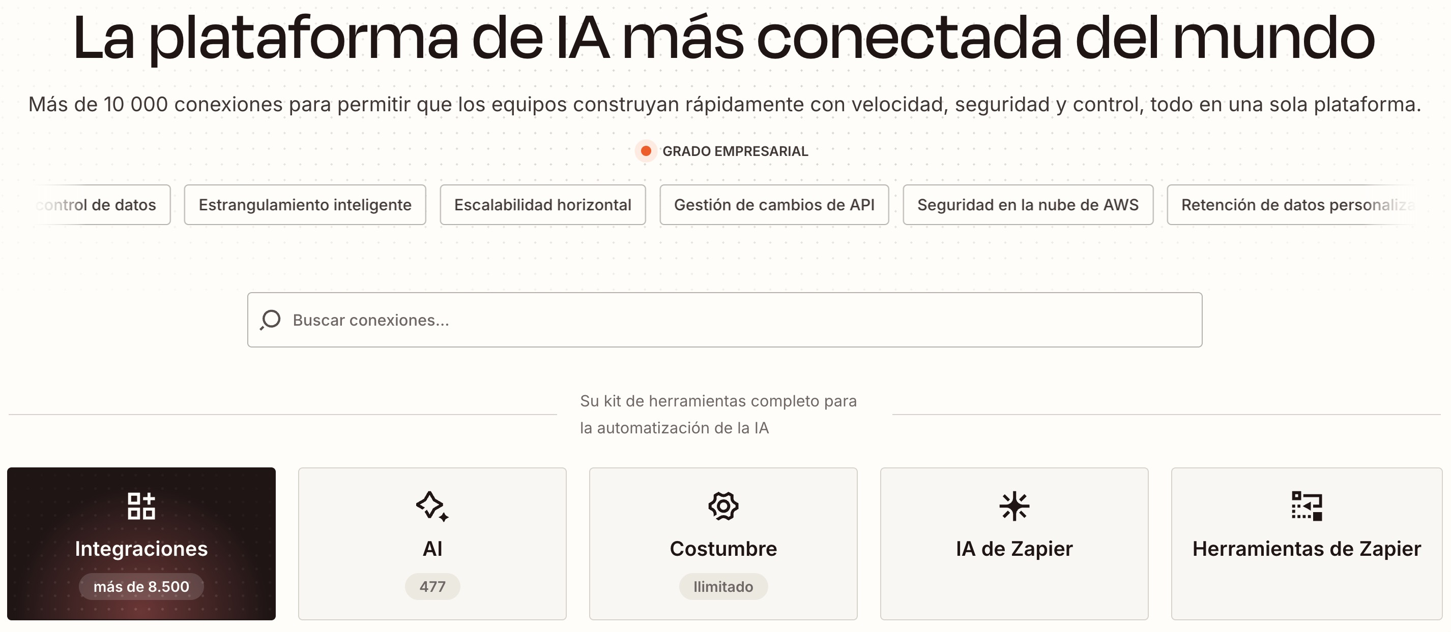 Barra de búsqueda que te permite saber si tus aplicaciones favoritas funcionan con Zapier.