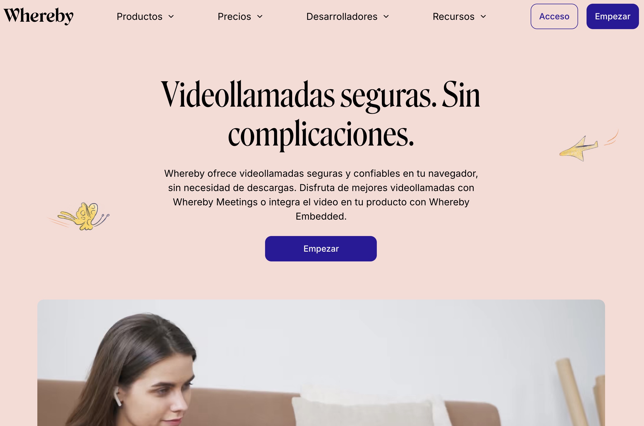 Ejemplo de landing page de Whereby que resalta todos los problemas de los usuarios que su herramienta soluciona.